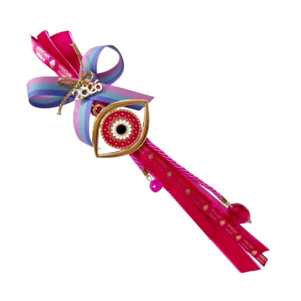 Χειροποίητο γούρι με μεταλλικό μάτι, φούξια κορδέλες και χρυσό "2026"