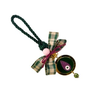 GOURI MATI 0 (20) Γούρι 2026 με plexiglass μάτι σε ασημί, καρό φιόγκο και πράσινο charm.