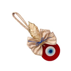 Χειροποίητο γούρι με γυάλινο μάτι, κόκκινη βάση και χρυσή κορδέλα για το 2026