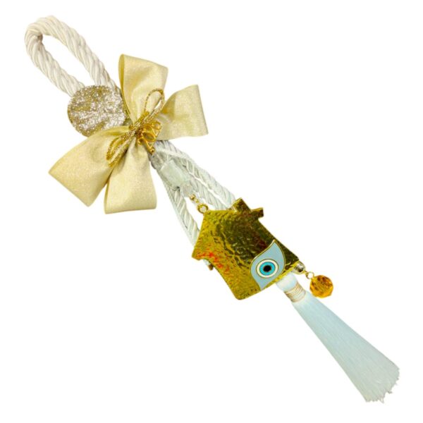 Χειροποίητο γούρι 2026 με λευκό μεταλλικό σπίτι, μπλε μάτι και elegant λεπτομέρειες.