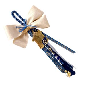 Χειροποίητο γούρι 2026 με μπλε μεταλλικό σπίτι, μάτι και hamsa για προστασία.