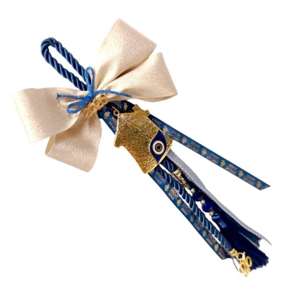 Χειροποίητο γούρι 2026 με μπλε μεταλλικό σπίτι, μάτι και hamsa για προστασία.