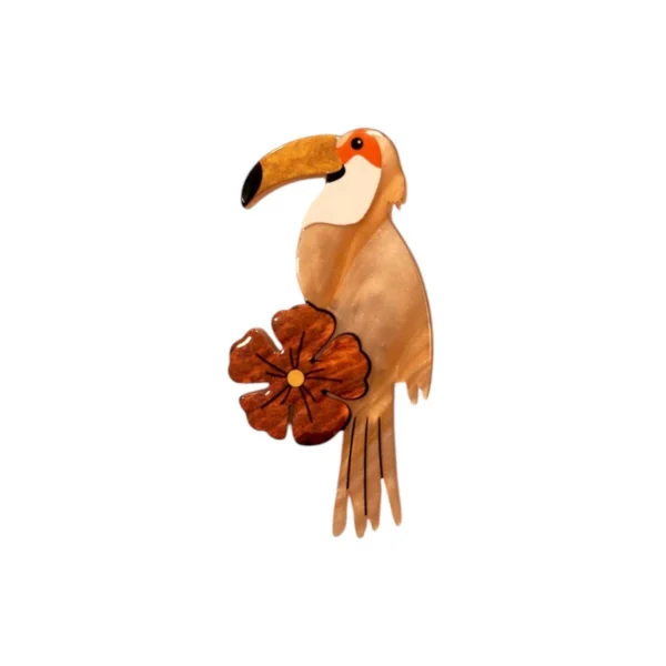 Καρφίτσα plexiglass με τουκάν και λουλούδι, σε εξωτικά χρώματα.