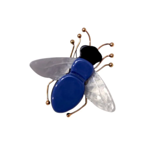 Καρφίτσα plexiglass με μπλε σώμα, περλέ φτερά και χρυσές λεπτομέρειες.