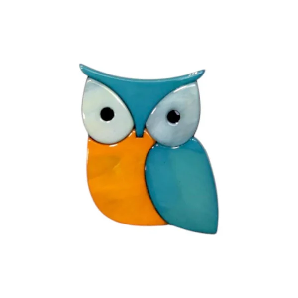 Καρφίτσα κουκουβάγια σε τυρκουάζ-πορτοκαλί με μοντέρνο φινίρισμα και παιχνιδιάρικο στυλ.