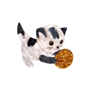 Καρφίτσα plexiglass με γάτα και glitter χρυσό δίσκο.