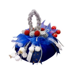 Μπλε κολοκύθα 2026 με ασημί κουκουνάρια, glitter κορδέλες και χρυσά αστέρια.