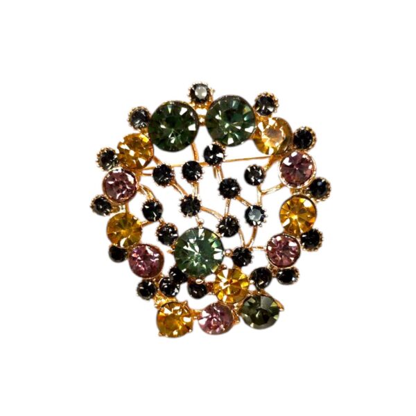 Καρφίτσα-κύκλος με πολύχρωμες πέτρες και στρας – γεωμετρική πολυτέλεια με ισορροπία.