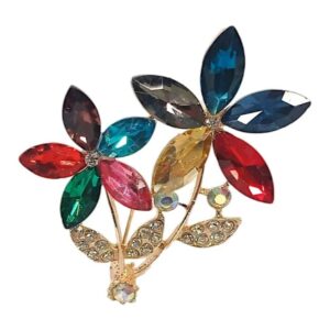 Καρφίτσα-διπλό λουλούδι με πολύχρωμες πέτρες και στρας – παιχνιδιάρικη πολυτέλεια με φως.