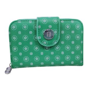 Γυναικείο Πορτοφόλι Bag to Bag σε πράσινο χρώμα με λευκό monogram pattern και ασημένιο κούμπωμα.