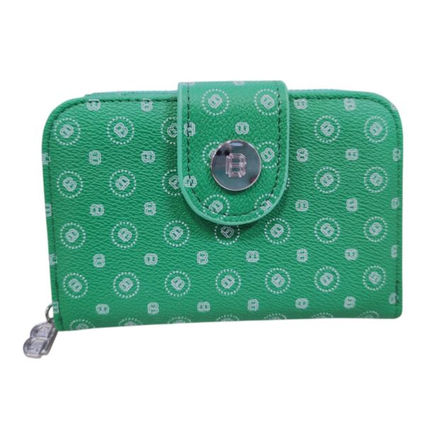 Γυναικείο Πορτοφόλι Bag to Bag σε πράσινο χρώμα με λευκό monogram pattern και ασημένιο κούμπωμα.