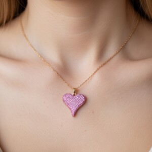 Ατσάλινο κολιέ καρδιά με στρας σε ροζ χρώμα και χρυσή αλυσίδα Avenue Fashion
