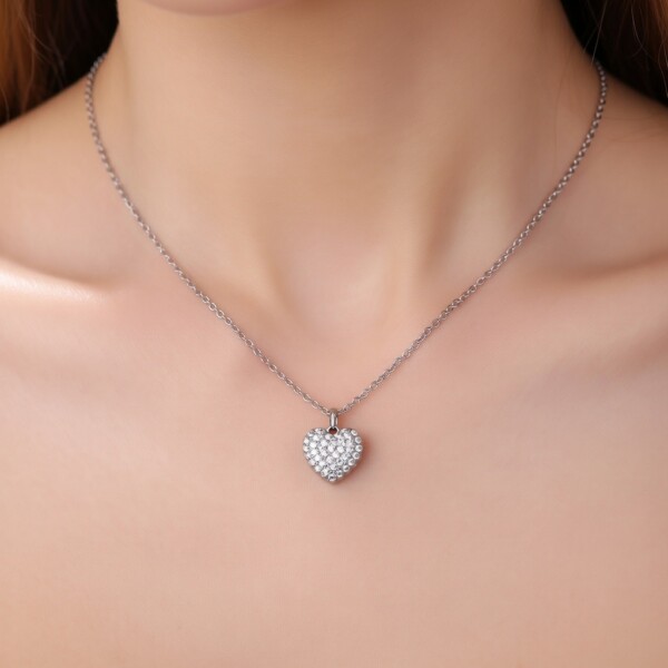 Ασημί ατσάλινο κολιέ καρδιά με λαμπερά κρύσταλλα και λεπτή αλυσίδα Avenue Fashion