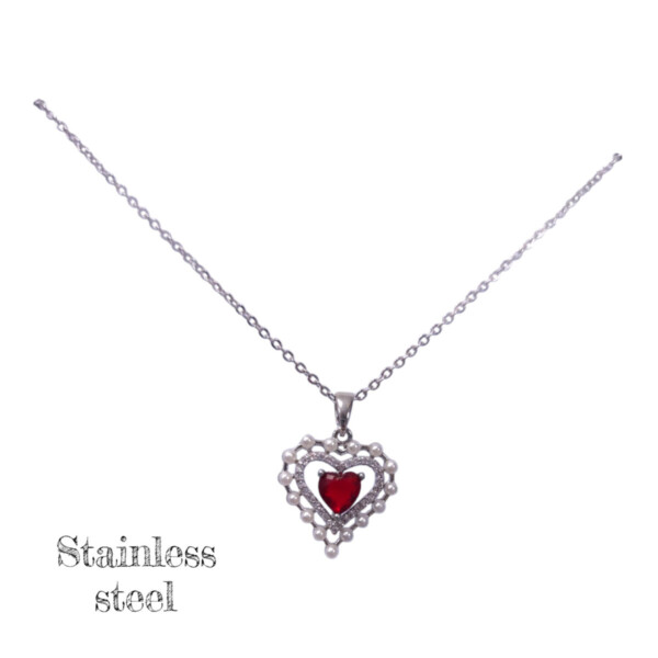 Ασημί ατσάλινο κολιέ καρδιά "Crimson Pearl" με Κόκκινη Πέτρα & Πέρλες