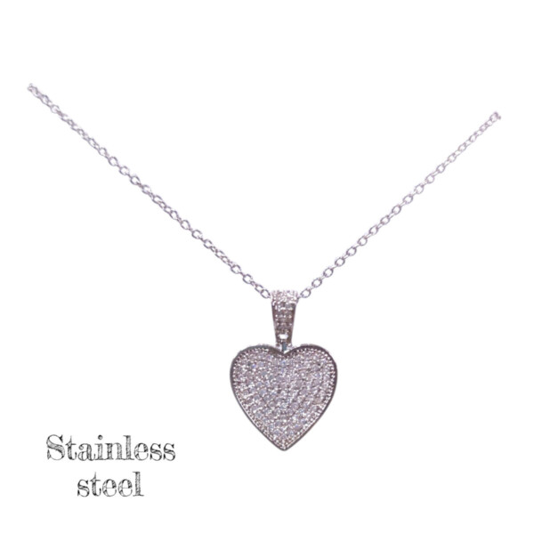 Eternal Shine: Ασημί Ατσάλινο Κολιέ Καρδιά με Pavé Ζιργκόν