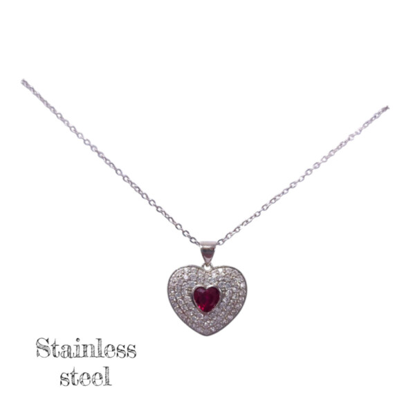 Eternal Passion: Ασημί Ατσάλινο Κολιέ Καρδιά με Κόκκινη Πέτρα & Ζιργκόν