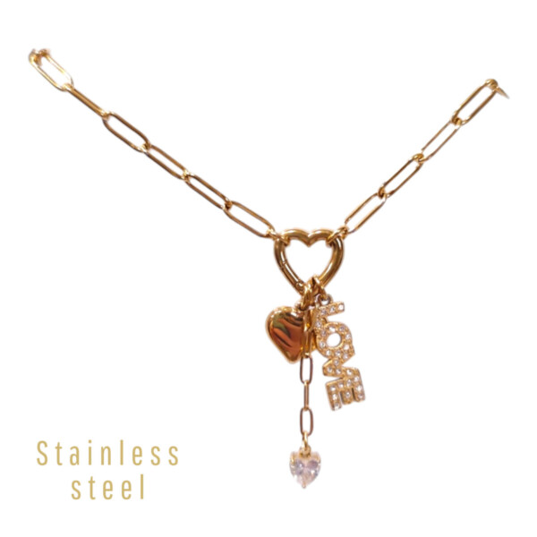 Infinite Love: Χρυσό Ατσάλινο Κολιέ Love με Πολυτελή Charms & Ζιργκόν