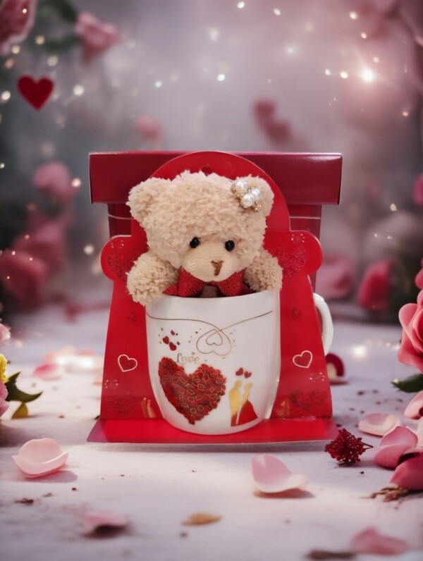 Λούτρινο Αρκουδάκι σε Κούπα με κόκκινη καρδιά και πέρλες Avenue Fashion Αθήνα Καλλιθέα