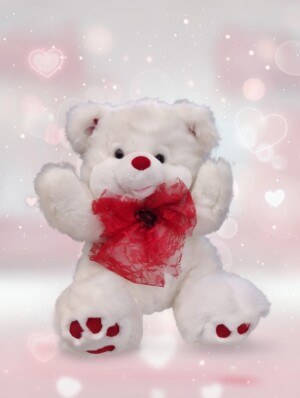 Λούτρινο Αρκουδάκι με Φιόγκο κόκκινης δαντέλας και λευκή γούνα Avenue Fashion Αθήνα Καλλιθέα