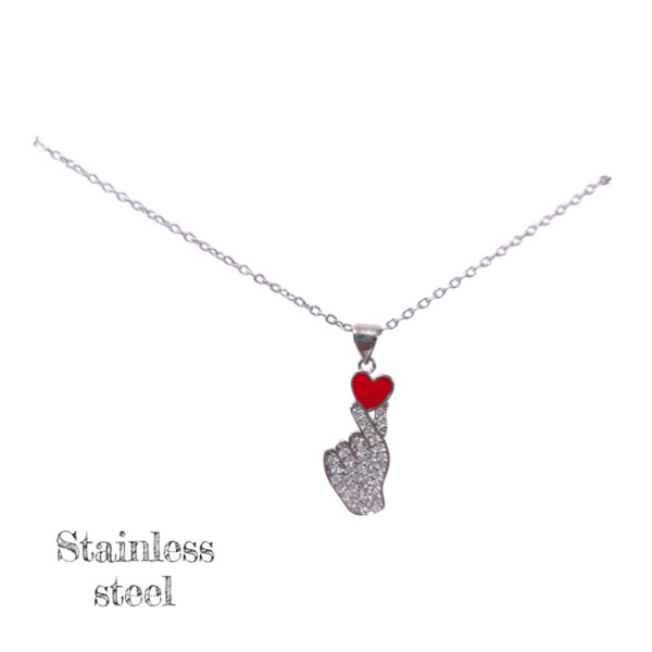 Ασημί Ατσάλινο Κολιέ Finger Heart με Κόκκινη Καρδιά