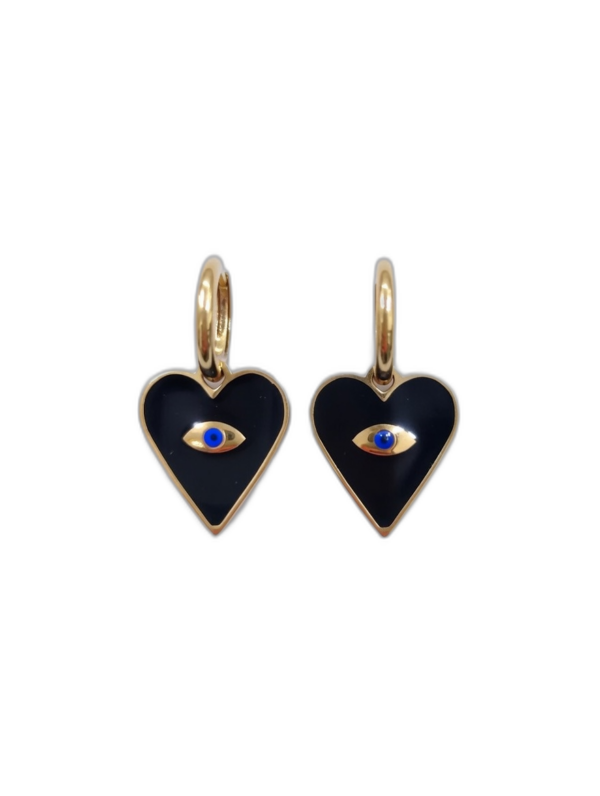 Ατσάλινα Σκουλαρίκια με Μαύρη Καρδιά και Μάτι Avenue Fashion