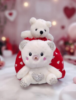 Λούτρινα Αρκουδάκια με Στρας λευκά σε κόκκινο σάκο με καρδιές Avenue Fashion Αθήνα Καλλιθέα
