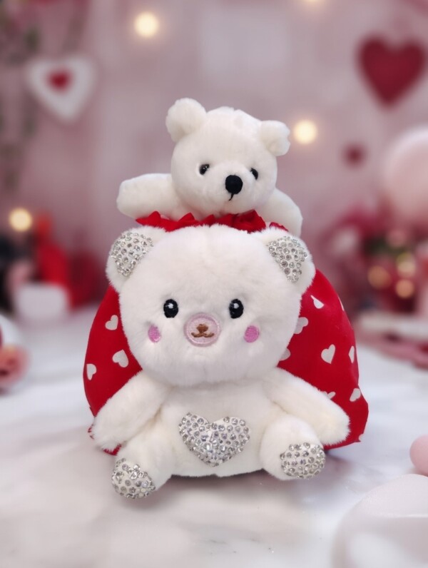 Λούτρινα Αρκουδάκια με Στρας λευκά σε κόκκινο σάκο με καρδιές Avenue Fashion Αθήνα Καλλιθέα