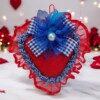 Χειροποίητη Λούτρινη Καρδιά κόκκινη με μπλε Vichy φιόγκο και πέρλα Avenue Fashion Αθήνα Καλλιθέα